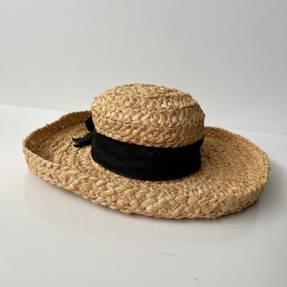 Straw 100% Rafia Straw‎ Summer Woven Hat Black Bow Accent - Picture 7 of 8